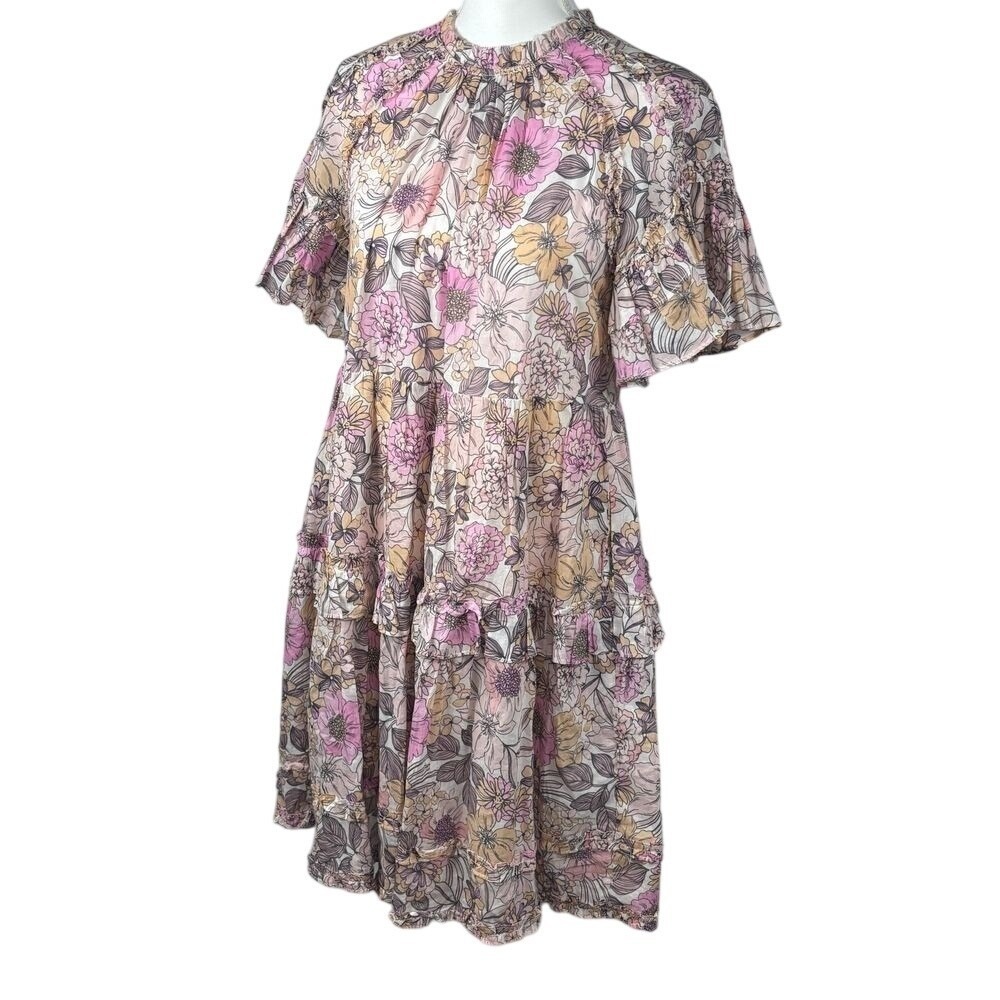 Anthropologie Cottagecore Dress Floral Tiered Ruffle Boho Poppies Lillies Mini S - Picture 3 of 10